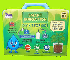 Smart irrigation DIY kit for kids with colorful packaging and text on a dark background