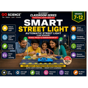Go Science Classroom Series Smart Street Light educational concept model kit packaging. The box features a dark blue background with yellow and white text, icons detailing features like LDR sensor detection, automatic light control, and energy saving concepts, and a photo of three students experimenting with the light control circuit on a desk at night.