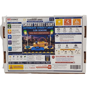 The back of the retail packaging box for the GO Science Classroom Series Smart Street Light educational model kit, featuring product specifications, features, and an illustration of the model setup.