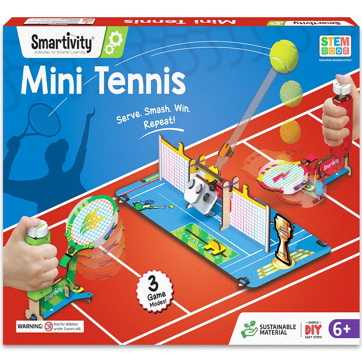 Smartivity Mini Tennis toy set packaging with tennis court design and racket handles. Smartivity Mini Tennis at Go Science product image