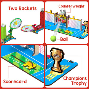 Collage of a mini tennis court set with rackets, ball, scorecard, and trophy. Smartivity Mini Tennis at Go Science product image 3