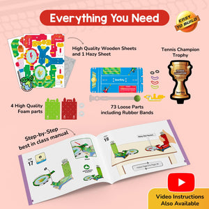 Product set with building sheets, foam parts, loose parts, manual, and trophy on a pink background. Smartivity Mini Tennis at Go Science product image