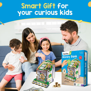 Family playing with a toy money bank and its packaging on a blue couch. Smartivity Money Bank available at Go Science image 8