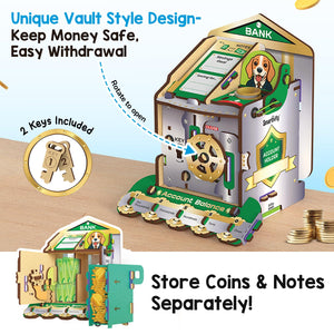 Children's toy bank with unique vault design, featuring text about money storage and withdrawal.