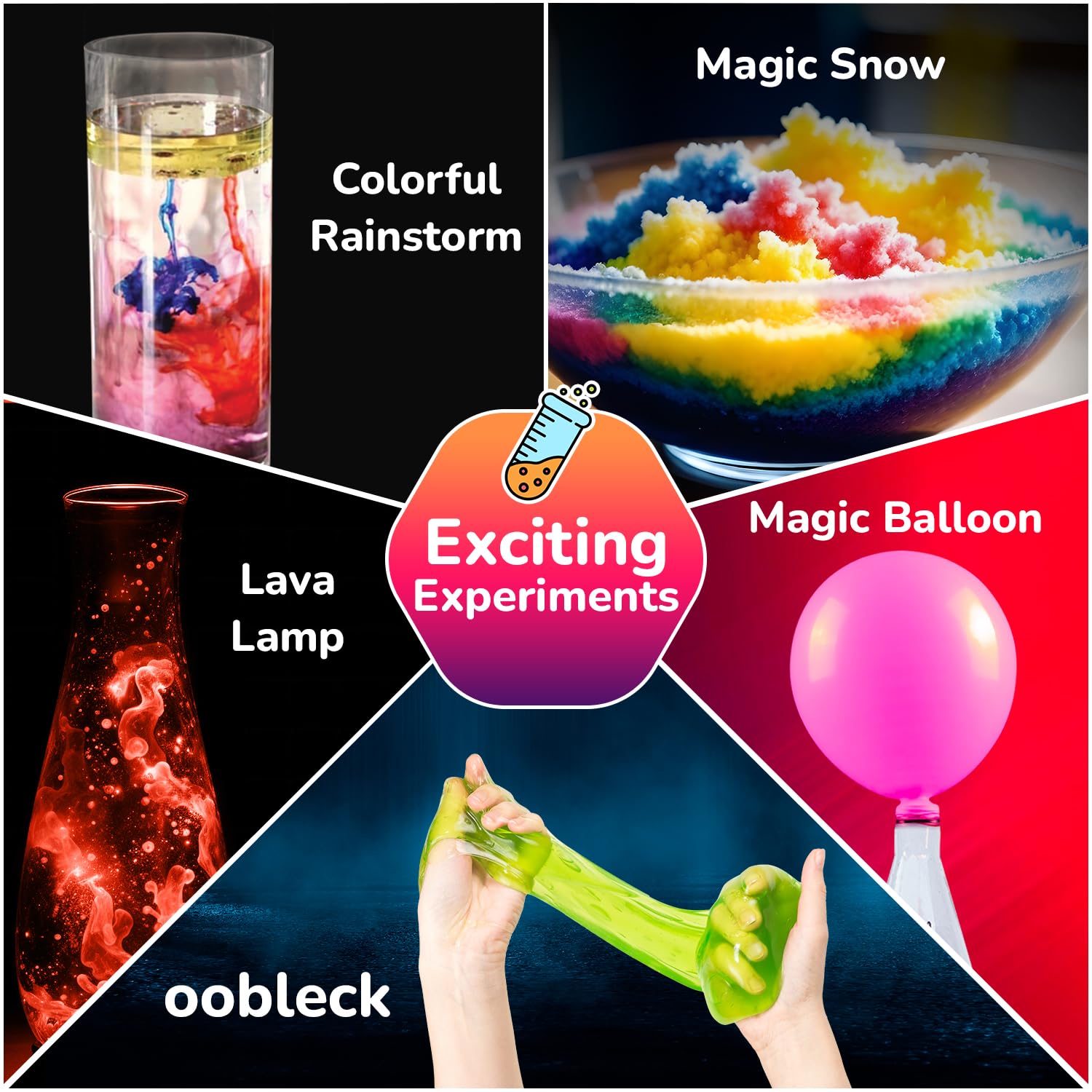 Collage of science experiments including a lava lamp, colorful rainstorm, magic snow, and oobleck with 'oobleck' branding. Smartivity My First Science Kit available at Go Science product image 2