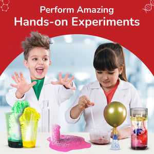 Two children in lab coats conducting science experiments with colorful materials on a red background. Smartivity My First Science Kit available at Go Science product image 3