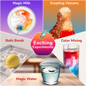 Collage of science experiments including Magic Milk, Erupting Volcano, Bath Bomb, Color Mixing, and Magic Water. Smartivity My First Science Kit available at Go Science product image 4