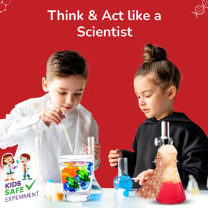 Two children conducting a science experiment with colorful liquids in beakers on a red background. Smartivity My First Science Kit available at Go Science product image 5