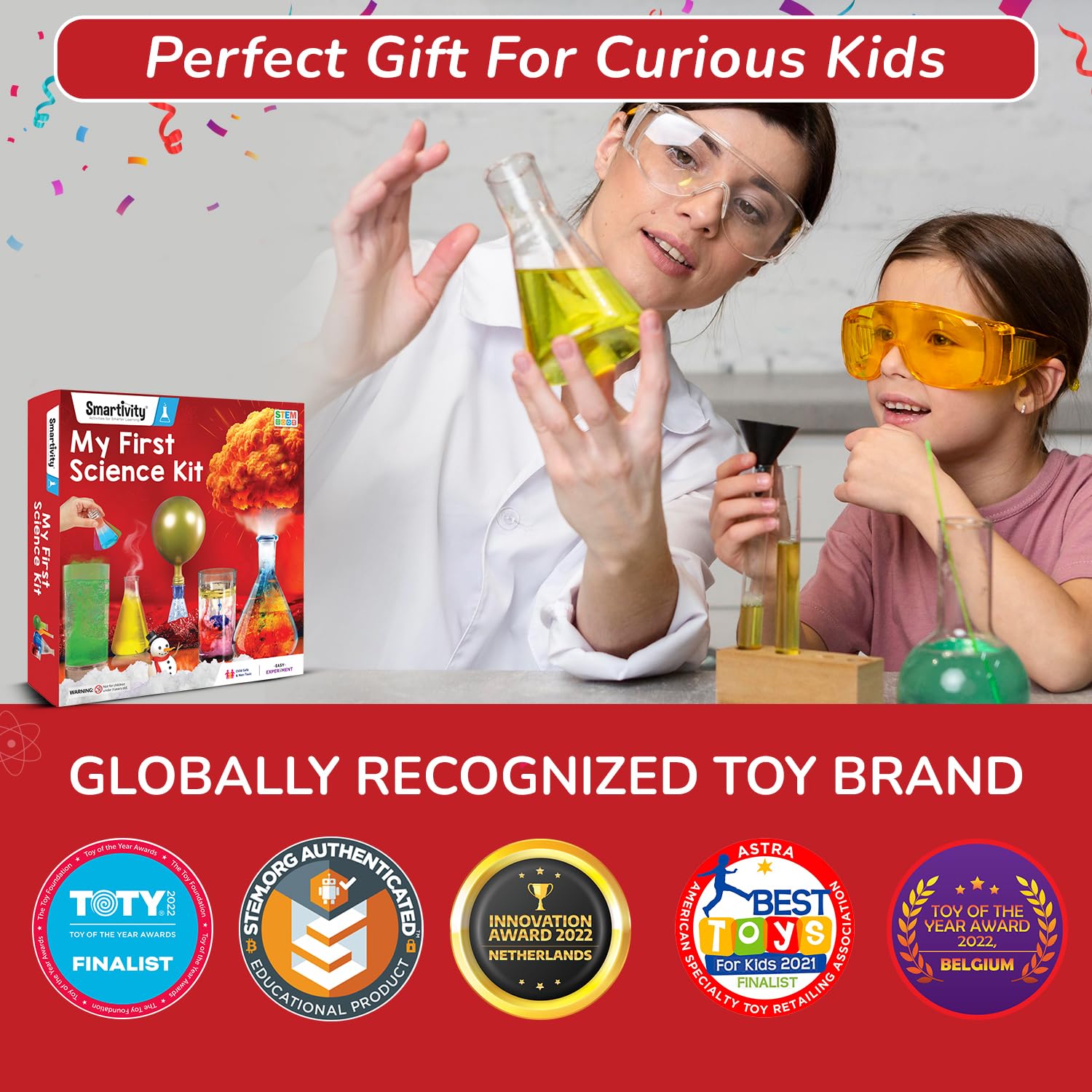 Science kit for children with a teacher and student conducting an experiment, surrounded by awards and accolades.Smartivity My First Science Kit available at Go Science product image 6