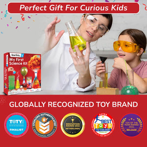 Science kit for children with a teacher and student conducting an experiment, surrounded by awards and accolades.Smartivity My First Science Kit available at Go Science product image 6