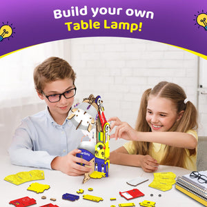 Two children building a table lamp from colorful parts on a white table. Smartivity Table Lamp available at Go Science Product image 2