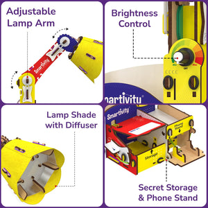 Collage of a children's desk with adjustable lamp arm, brightness control, lamp shade with diffuser, and secret storage & phone stand features.