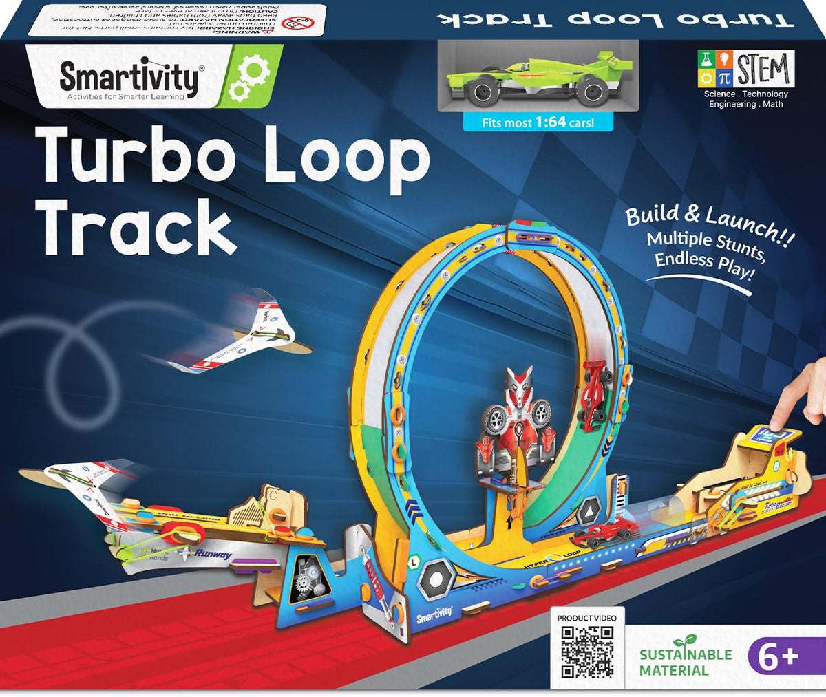 Smartivity Turbo Loop Track toy set packaging with toy cars and track on a blue background. Smartivity Turbo Track Loop 3 in 1- Car, Loop, Glider Plane Launcher available at Go Science product image 1
