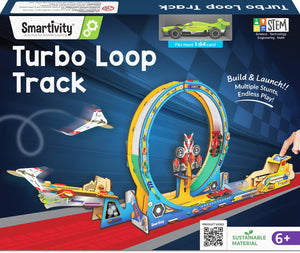 Smartivity Turbo Loop Track toy set packaging with toy cars and track on a blue background. Smartivity Turbo Track Loop 3 in 1- Car, Loop, Glider Plane Launcher available at Go Science product image 1