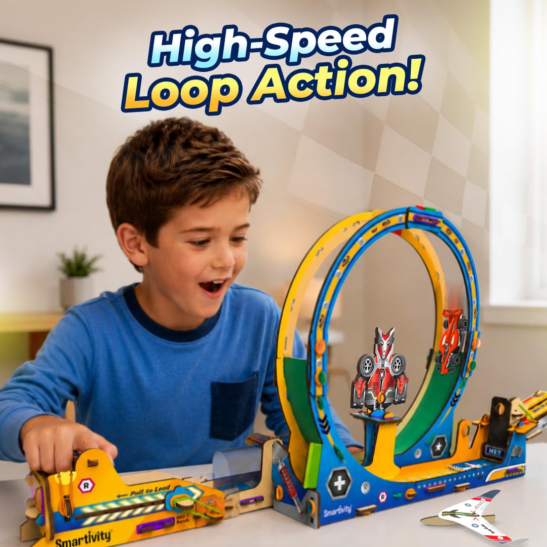 Child playing with a toy track set featuring a high-speed loop action. Smartivity Turbo Track Loop 3 in 1- Car, Loop, Glider Plane Launcher available at Go Science product image 2