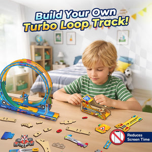Child playing with a toy track set in a bedroom, with text 'Build Your Own Turbo Loop Track!' and 'Reduces Screen Time'. Smartivity Turbo Track Loop 3 in 1- Car, Loop, Glider Plane Launcher available at Go Science product image 4