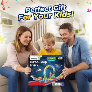Family sitting on a couch with a Turbo Loop Track toy set, surrounded by confetti. Smartivity Turbo Track Loop 3 in 1- Car, Loop, Glider Plane Launcher available at Go Science product image 7