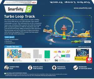 Smartivity Turbo Loop Track product packaging with toy track and car illustration. Smartivity Turbo Track Loop 3 in 1- Car, Loop, Glider Plane Launcher available at Go Science product image 8