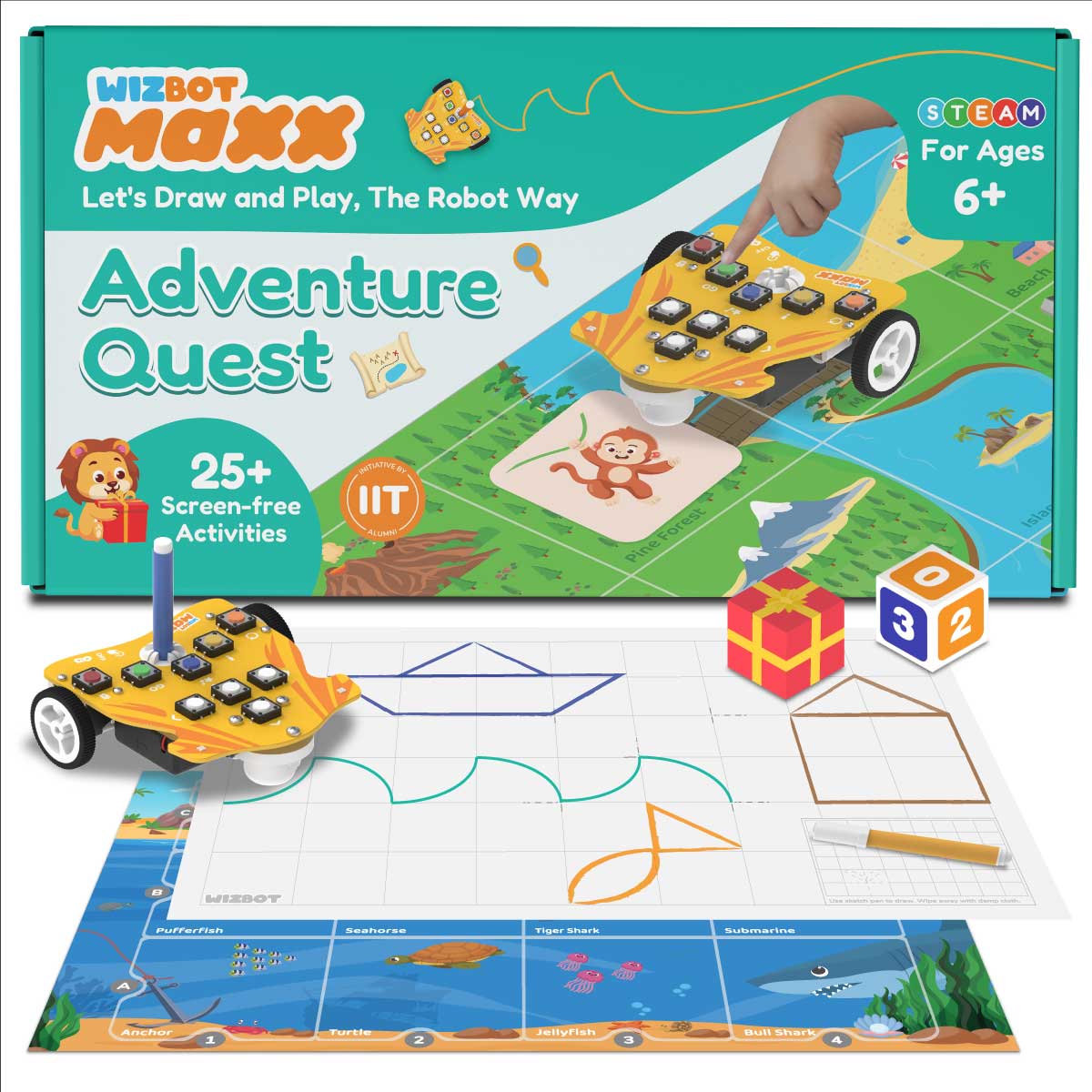 Wizbot Maxx toy set with robot, mat, and accessories on a white background. Stempedia Wizbot-Maxx-Adventure-Quest-Kit-1 available at Go Science