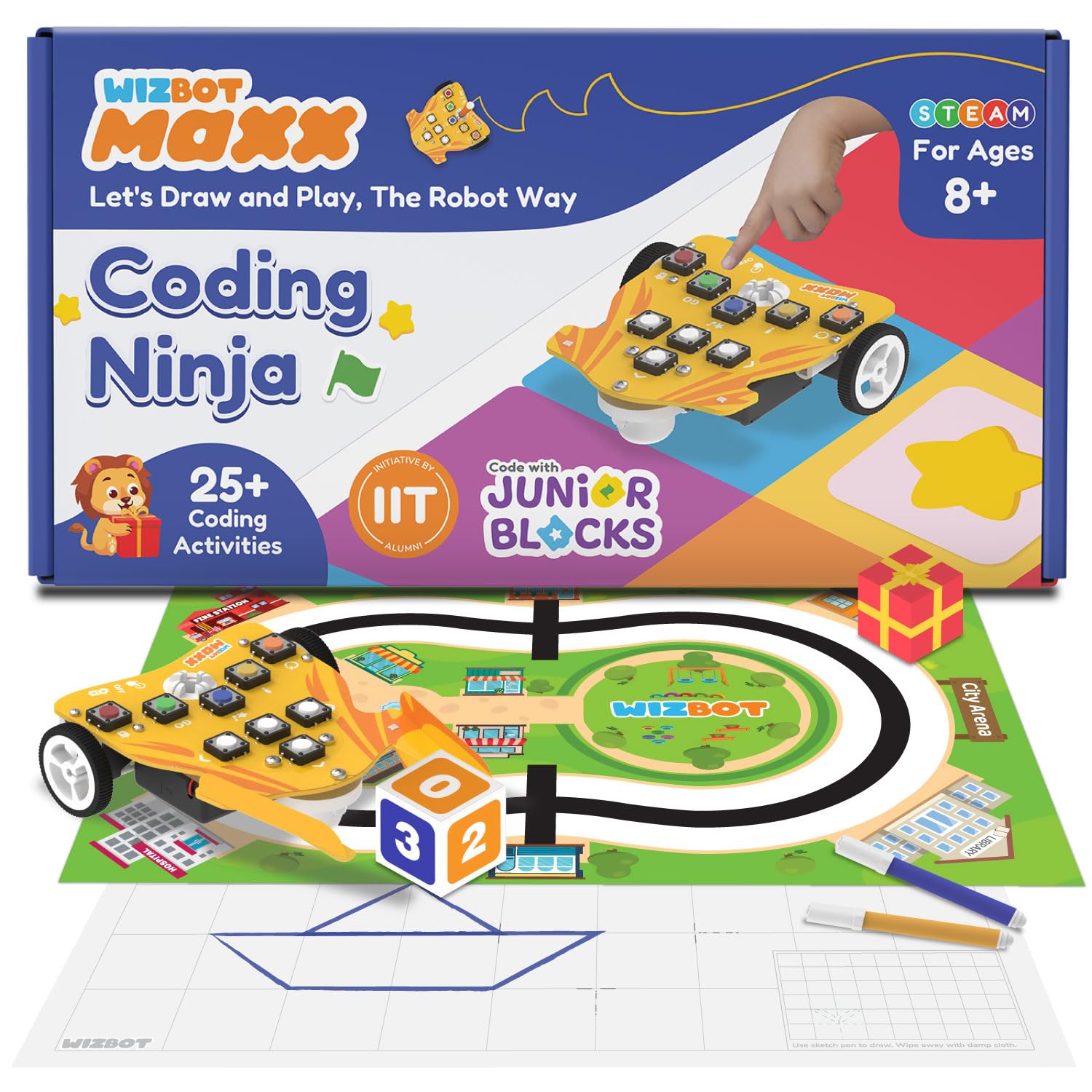 Wizbot Maxx coding toy set with robot, track, and accessories on a colorful box. Stempedia Wizbot Maxx Coding Ninja robot kit Coding kit for Kids product image 1 available at go science