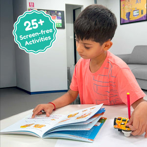 Child reading a book with a toy car, surrounded by screen-free activities text.Stempedia Wizbot Screen-free-activities-for-kids-aged-6 available at go science