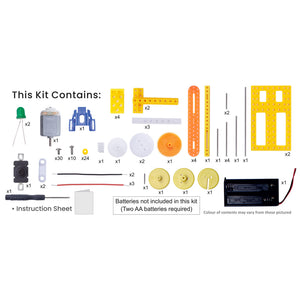 List of components included in a kit on a white background. Walking_Robot_by_Itsy_Bitsy_at_Go_Science_product_image_3