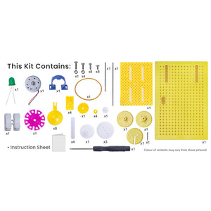 List of components included in a kit with images and text on a white background. Water Turbine Power Generator Hydroelectric Power Generator by Itsy Bitsy at Go Science_Product Image 3