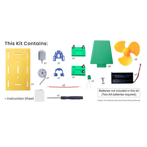 List of components included in a kit on a white background. Wind Turbine Power Generator by Itsy Bitsy at Go Science_Product Image 3
