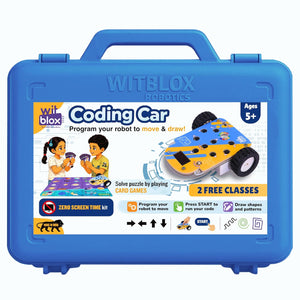 Blue WITBLOX Robotics coding car kit with packaging on a white background. WitBlox Coding Car for Kids STEM Learning Toy available at Go Science product image 1