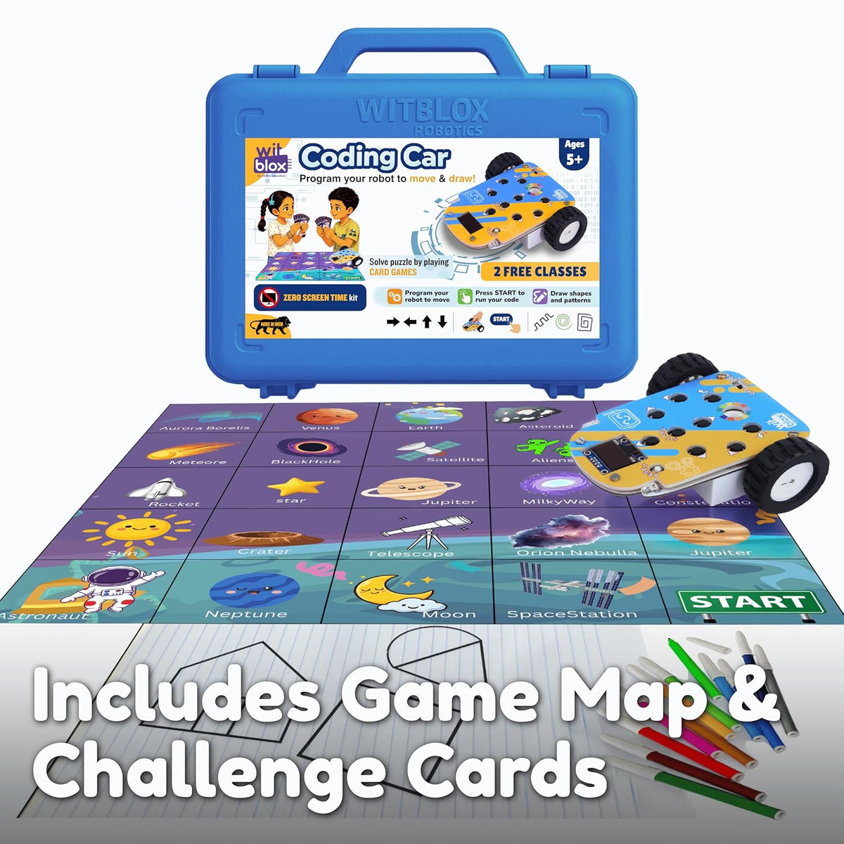 Witblox coding car kit with game map and challenge cards on a white background. WitBlox Coding Car for Kids STEM Learning Toy available at Go Science product image 2