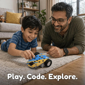 Man and child playing with a toy car on a rug in a living room. WitBlox Coding Car for Kids STEM Learning Toy available at Go Science product image 3