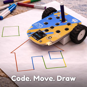 Robotics kit with wheels on a paper with drawn lines, surrounded by markers. WitBlox Coding Car for Kids STEM Learning Toy available at Go Science product image 4