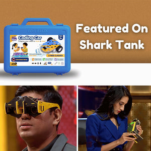 Blue coding car kit with promotional text 'Featured On Shark Tank' and images of a man and woman using the product. WitBlox Coding Car for Kids STEM Learning Toy available at Go Science product image 6