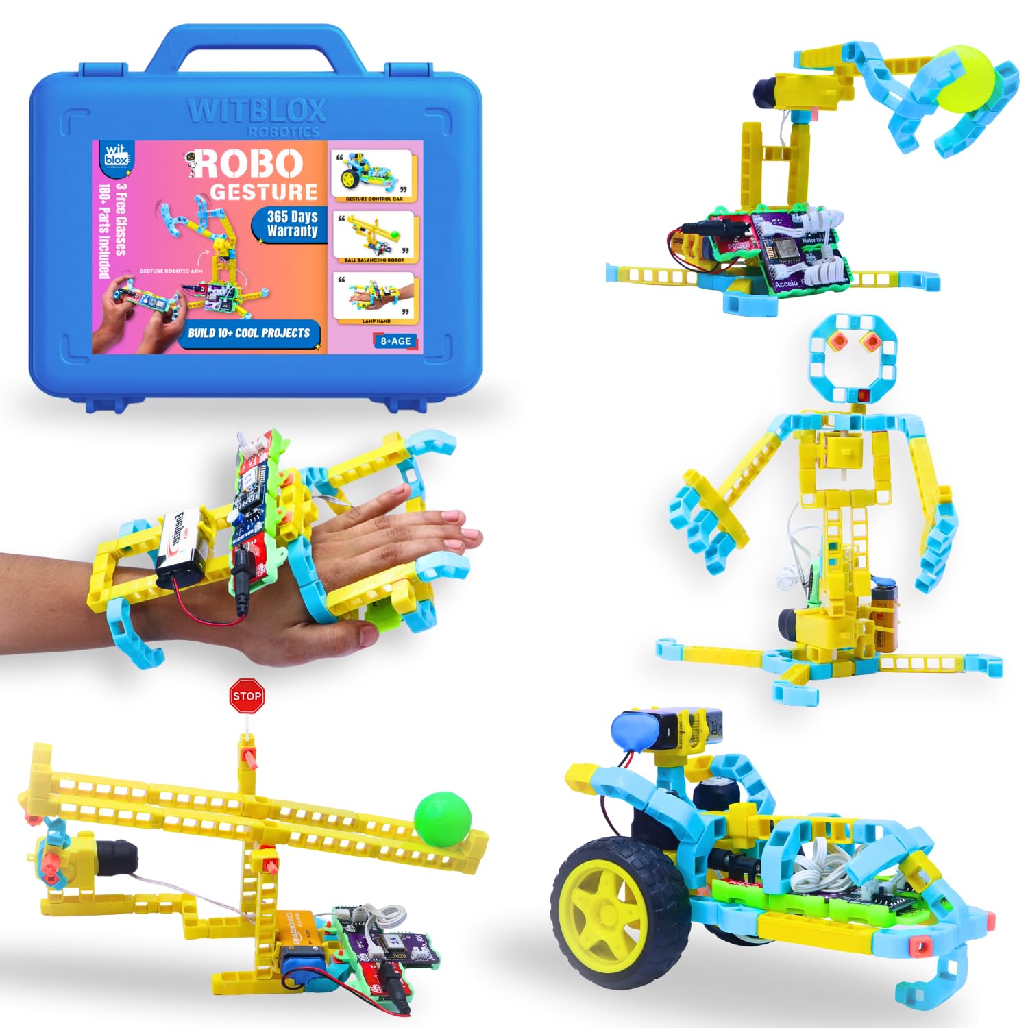 Children's building block set with robot and car components, including a blue carrying case.
