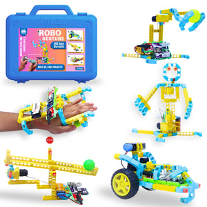 Children's building block set with robot and car components, including a blue carrying case.