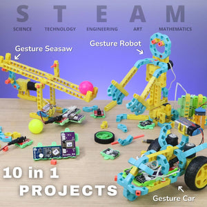 Educational STEM toys including a gesture robot, seasaw, and car on a wooden surface with a purple background.