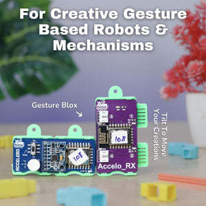 Two electronic components labeled 'Gesture Blox' and 'Accelo_RX' on a surface with text about creative gesture-based robots.