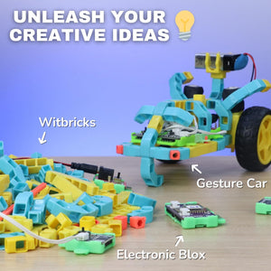 Witbricks educational toys including a gesture car and electronic components on a table with a blue background.