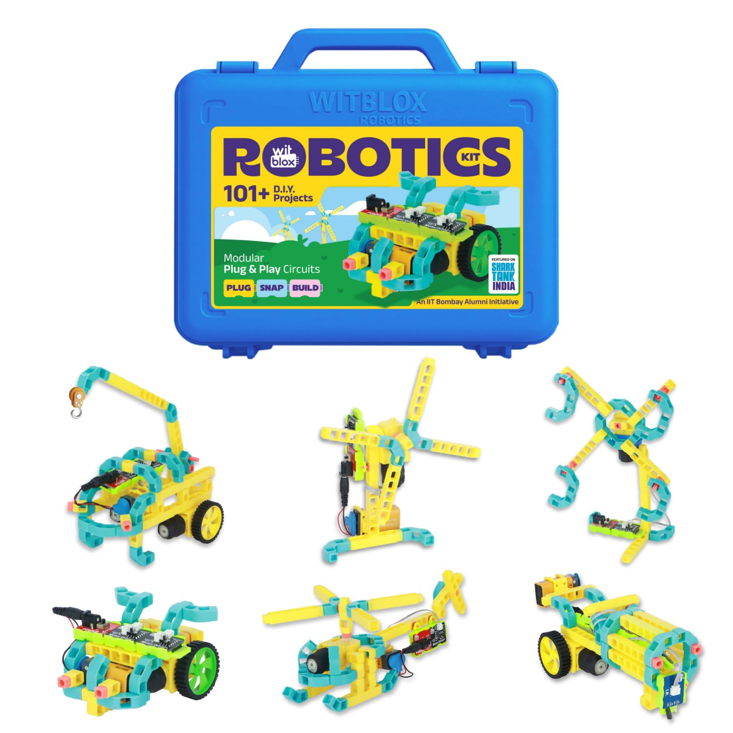 Whitelab Robotics Kit with blue carrying case and various robot models on a white background