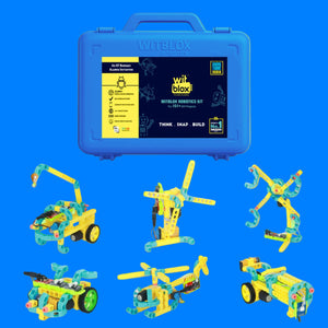 Witblox robotics kit with blue carrying case and assembled models on a white background