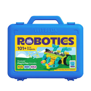 Blue Wiltblox Robotics kit with colorful robot illustration on a white background
