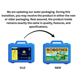 Comparison of old and new packaging for a robotics kit with text about product consistency.