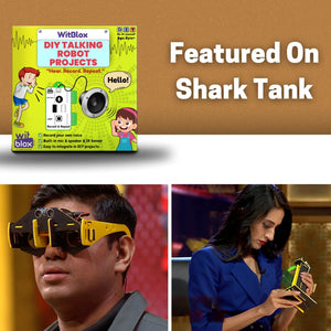 WitBlox DIY Talking Robot Projects kit with text 'Featured On Shark Tank' on a brown background.WitBlox DIY Talking Robot Build Talking Based Projects available at Go Science product image 8