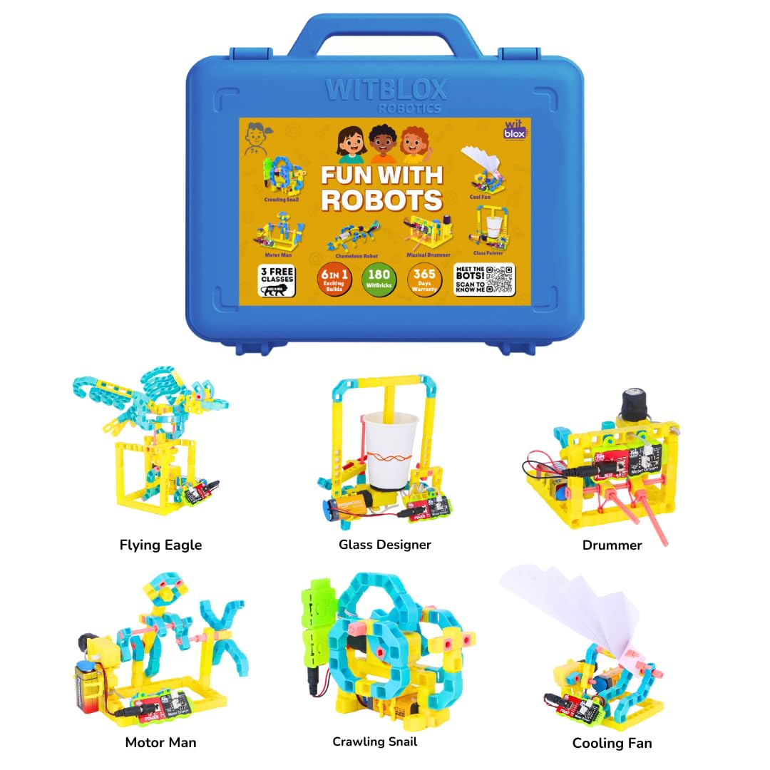 Witblox toy set with robot building blocks and a blue carrying case on a white background, available at Go Science