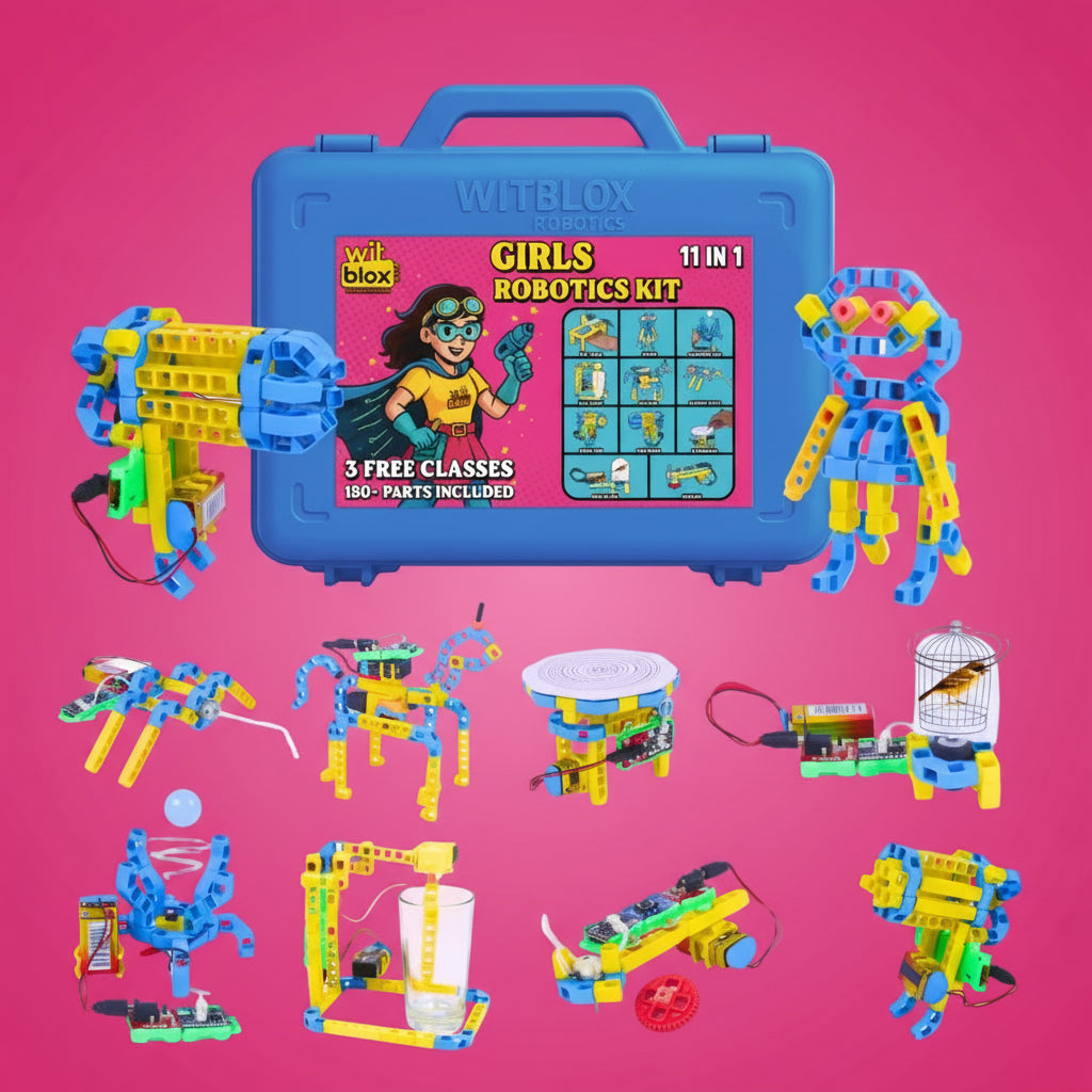 Witblox Girls Robotics Kit with colorful components and blue carrying case on a white background. WitBlox Girls Robotics 11-in-1 DIY STEM Kit available at Go Science Image