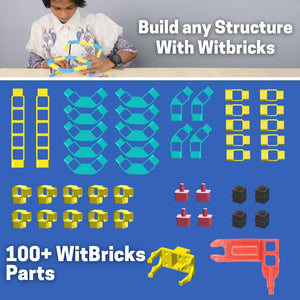 Promotional image of Witbricks building set with child playing and text on a blue background. WitBlox Girls Robotics 11-in-1 DIY STEM Kit available at Go Science Image 6