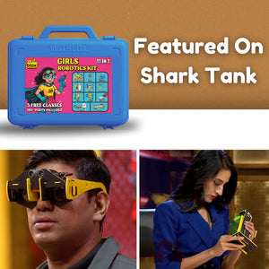 Blue toolbox labeled 'Witbox' with a robotics kit on a brown background, featuring text 'Featured On Shark Tank'. WitBlox Girls Robotics 11-in-1 DIY STEM Kit available at Go Science Image 7