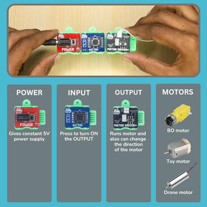 Hands connecting electronic components on a wooden board with labeled parts on a blue background.WitBlox Girls Robotics 11-in-1 DIY STEM Kit available at Go Science Image 8
