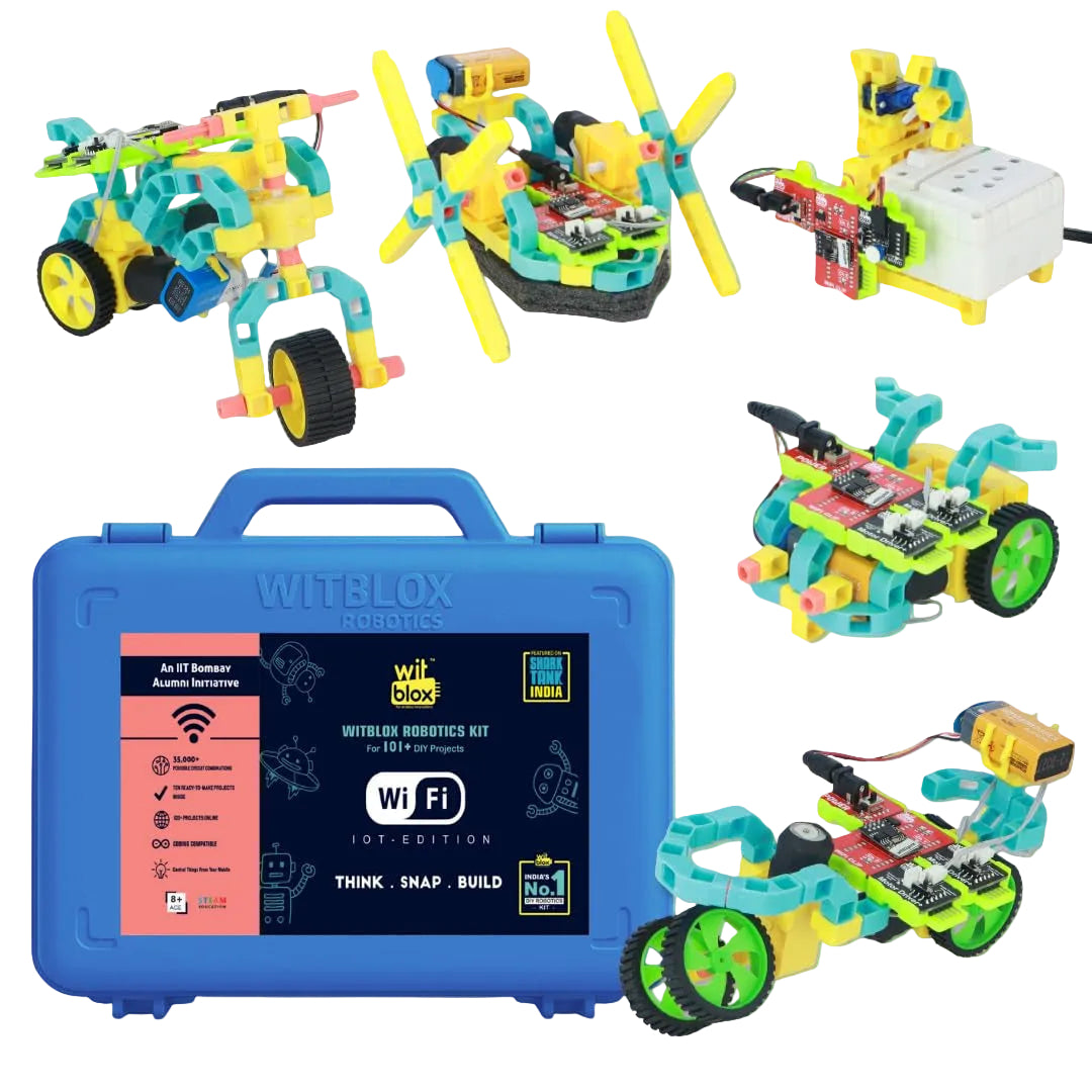 Witblox STEM education kit with various robot models and a blue carrying case on a white background.
