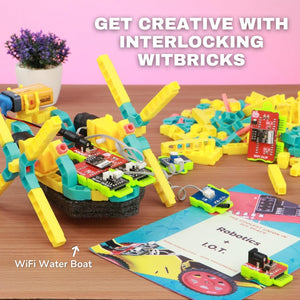 Interlocking Witbricks set up on a table with a pink background